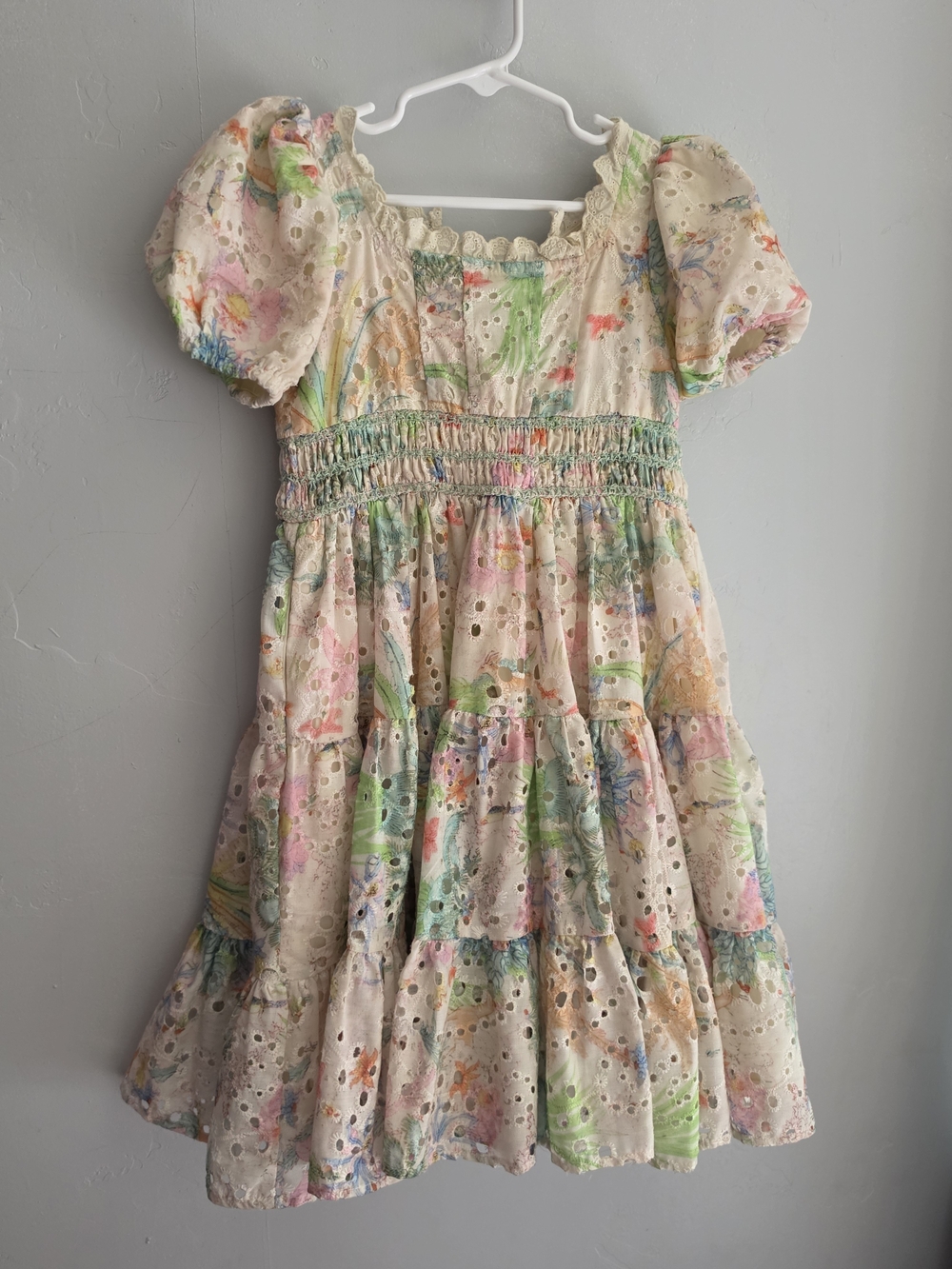 Ivy City Co Cream Eyelet Dress with Pastel Watercolor Print